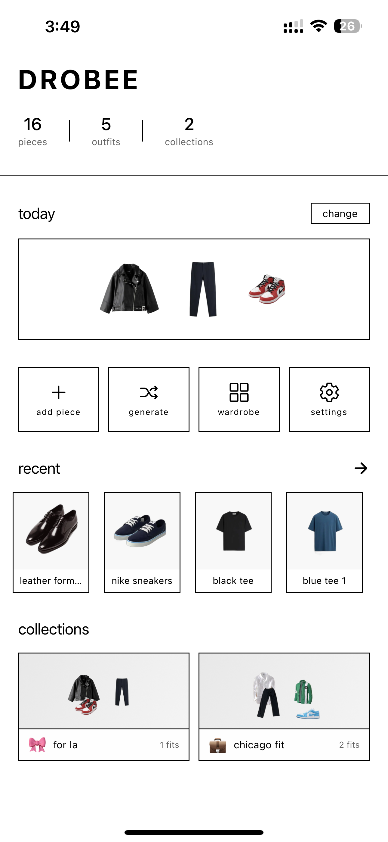 Drobee app interface showing wardrobe management